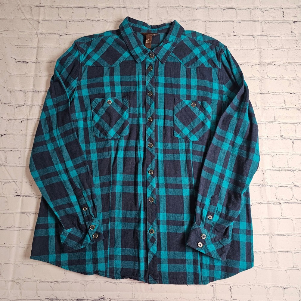 Bit & Bridle Teal Navy Plaid Flannel Button Down Shirt‎ Womens 1X Cotton Western